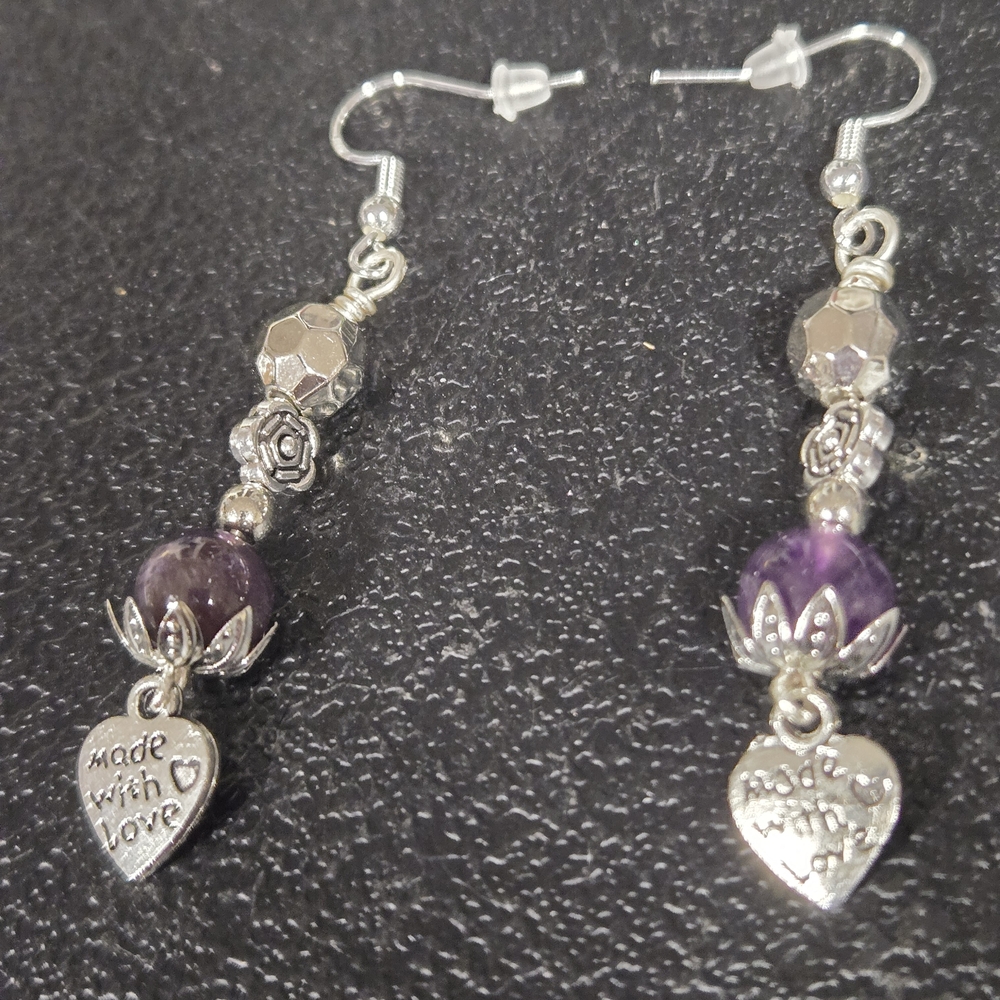 Hand Crafted Silver and Purple Heart Charm Earrings